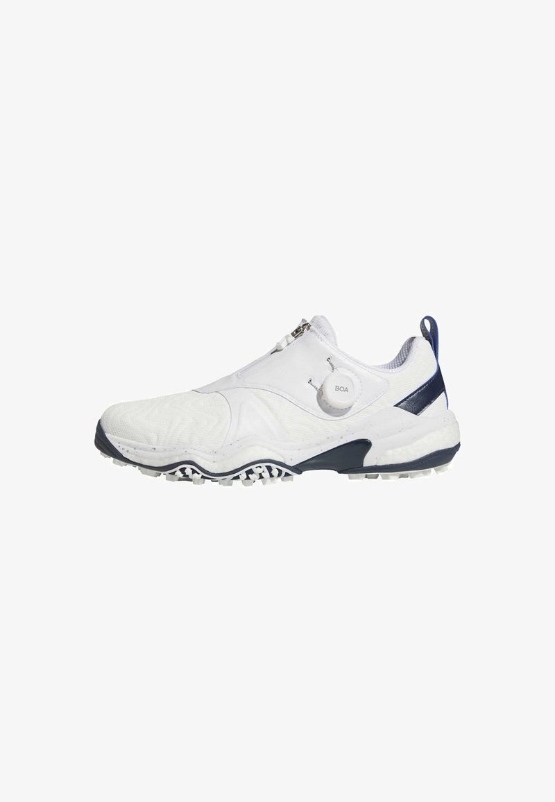 White athletic shoe with a textured upper, zip closure, and BOA adjustment dial. Features a dark blue heel detail and multi-directional outsole.