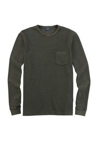 Olivgrünes Langarmshirt aus Rippenmaterial, mit rundem Ausschnitt und einer Brusttasche auf der linken Seite.