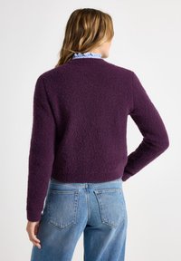 Purple fuzzy sweater with long sleeves, round neck and ruffled light blue collar, paired with high-waisted blue denim jeans.