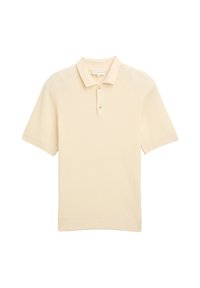 Kurzärmliges, hellbeiges Poloshirt aus strukturiertem Waffelstrick mit zwei Knöpfen, Kragen sowie gerippten Bündchen und Saum.