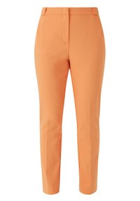 Tailored orange trousers with a smooth texture, front pockets, crease detailing, and a tapered fit. Features a concealed zip fly.