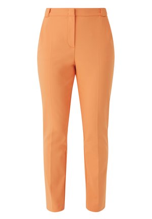 Tailored orange trousers with a smooth texture, front pockets, crease detailing, and a tapered fit. Features a concealed zip fly.