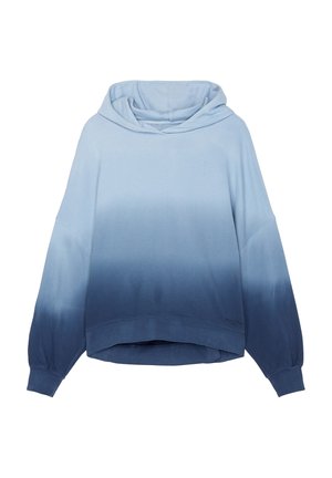 Lichtblauwe tot donkerblauwe ombre hoodie met lange mouwen, geribbelde manchetten en een voorzak in stijl van een kangoeroezak, plat gelegd op een witte achtergrond.
