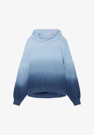 Sweat à capuche ombré allant du bleu clair au bleu foncé, avec manches longues, poignets côtelés et poche kangourou avant, posé à plat sur un fond blanc.