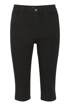 Black denim capri pants with a fitted design, front pockets, and a single button closure, featuring a smooth texture and ankle length.