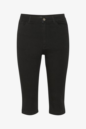 Pantalones capri de mezclilla negra con un diseño ajustado, bolsillos frontales y un cierre de un solo botón, con una textura suave y longitud hasta el tobillo.