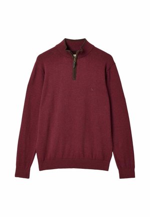 Bordeaux pitkähihaine neulepaita, jossa on puolivetoketju edessä ja ribbireunat kauluksessa, hihoissa ja helmassa, valmistettu pehmeästä neulekankaasta.