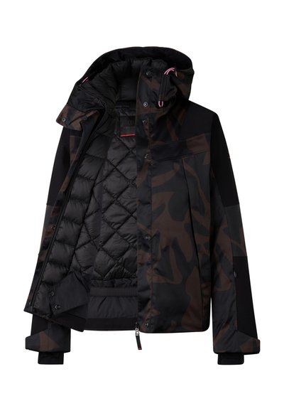 Schwarz-braune Camouflagejacke mit Reißverschluss vorn, gesteppter Innenfutter, elastischen Bündchen und abnehmbarer Kapuze. Verfügt über verschiedene Materialien.