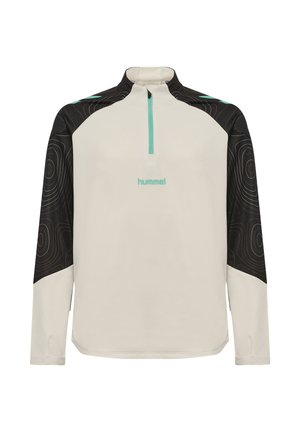 Hellgrauer Pullover mit schwarzen, gemusterten Ärmeln, Viertelreißverschluss und türkisfarbenen Akzenten. Verfügt über ein kleines Logo auf der Brust. Schlankes, sportliches Design.