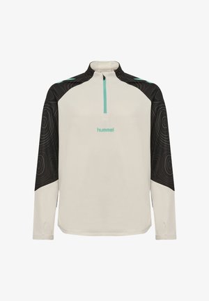 Jasnoszara bluza z czarnymi, wzorzystymi rękawami, zamkiem na ćwiartkę i turkusowymi akcentami. Na piersi znajduje się małe logo. Smukły, sportowy design.