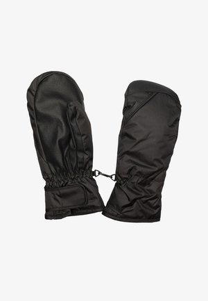 Mittens musta vettäviltä mustilta, joissa on pehmeä, teksturoitu pinta, joustavat hihnat ja säädettävät remmit tukevan istuvuuden vuoksi. Sileä sisävuori.