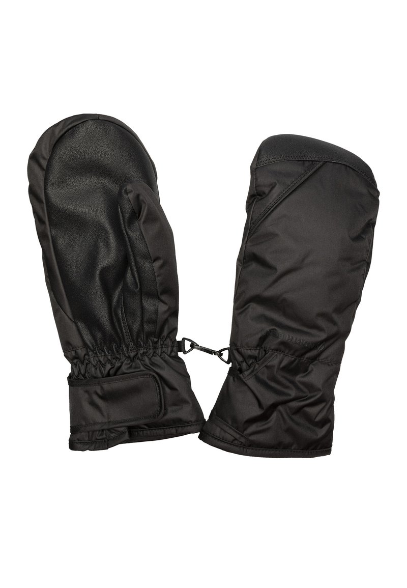 Mittens musta vettäviltä mustilta, joissa on pehmeä, teksturoitu pinta, joustavat hihnat ja säädettävät remmit tukevan istuvuuden vuoksi. Sileä sisävuori.