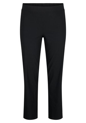 Zwarte broek tot de enkels gemaakt van soepel, rekbaar materiaal, met een elastische tailleband en een getailleerd ontwerp. Geen zichtbare zakken of patronen.