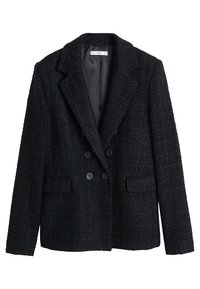 Blazer en tweed noir au design structuré, avec un devant à double boutonnage, des revers à encoches, deux poches avant, et une doublure intérieure lisse.
