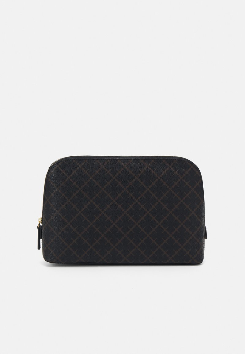 Musthave mustritsiga kosmeetikakott, millel on sile tekstuur, kuldne tõmblukk ja ristkülikukujuline kuju. Disainil on teemanti sarnane mustr.