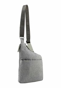 Borsa a spalla in tessuto grigio con superficie testurizzata, forma angolare, tasca frontale con cerniera e tracolla regolabile con motivo.