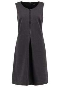 Robe sans manches gris foncé longueur genou avec fermeture éclair à l'avant et un pli central sous la fermeture éclair.