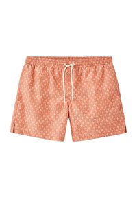 Short de bain orange pour homme avec motif abstrait blanc et cordon blanc à la taille élastique, posé à plat sur fond blanc.