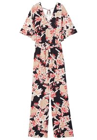 Květinový overal v černé barvě se vzory v červené a béžové. Má výstřih do V, krátké volánkové rukávy a stáhnutý pas s vázáním. Široké nohavice.