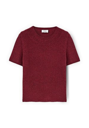 Maglione a maniche corte, colletto tondo in un profondo bordeaux. Texture morbida con dettagli a coste sul colletto e sull'orlo. Nessun motivo o decorazione visibile.