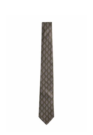 Brown necktie with a repeating diamond pattern in blue, red, and white on a white background.