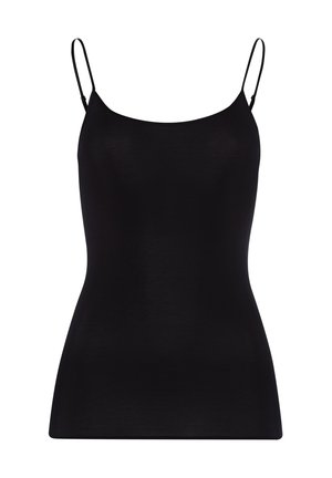 Schwarzes Top mit dünnen, verstellbaren Spaghettiträgern. Glattes, leichtes Material und eine taillierte Silhouette. Keine sichtbaren Muster oder Beschläge.