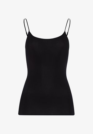 Zwarte camisole met dunne verstelbare spaghetti-schouderbandjes. Glad, lichtgewicht stof en een aangesloten silhouet. Geen zichtbare patronen of hardware.