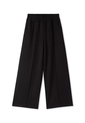 Pantaloni neri a gamba larga con vita elasticizzata, tasche laterali e tessuto morbido dalla superficie liscia. Nessun motivo o accentuazione visibile.