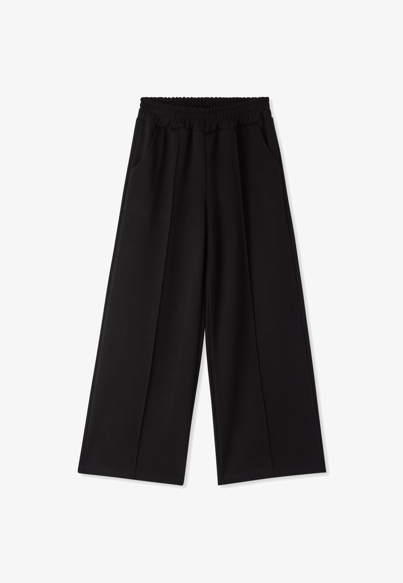 Pantaloni neri a gamba larga con vita elasticizzata, tasche laterali e tessuto morbido dalla superficie liscia. Nessun motivo o accentuazione visibile.