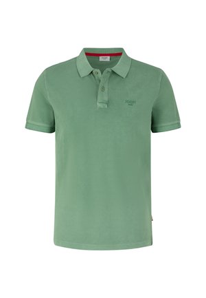 Hellgrünes Poloshirt mit weicher Textur, klassischem Kragen, Knopfleiste mit drei Knöpfen und subtilen Logo auf der Brust. Kurzarm.