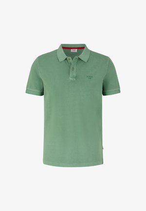 Hellgrünes Poloshirt mit weicher Textur, klassischem Kragen, Knopfleiste mit drei Knöpfen und subtilen Logo auf der Brust. Kurzarm.