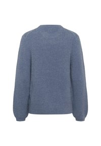 Blaues Strickpullover mit einer weichen Textur, langen Ärmeln und rundem Ausschnitt. Die Rückseite ist schlicht, ohne sichtbare Muster oder Akzente.