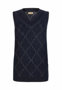 Mörkblå stickad ärmlös tröja med V-ringning, diamantmönster och ribbad nederkant och armhål.