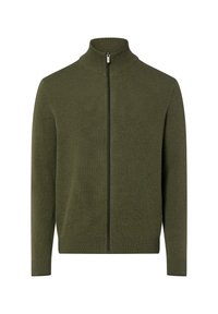 Olijfgroene gebreide trui met volledige ritssluiting, hoge kraag en geribbelde manchetten en zoom, weergegeven op een witte achtergrond.