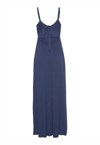 Μάξι φόρεμα σε ναυτικό μπλε χρώμα από απαλό ύφασμα, με λεπτές τιράντες, διακοσμητικό δέσιμο στο στήθος και ελαφρώς φουσκωτή πλισέ φούστα.