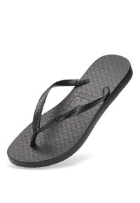 Chancla negra con suela texturizada que presenta un patrón repetido, tirantes finos y un ligero arco, hecha de material de goma.