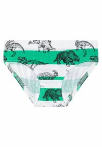 Gyermek alsónemű, fehér alappal, zöld csíkokkal és különféle fekete dinoszaurusz illusztrációkkal. Puha pamut anyagból készült.