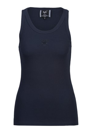 Débardeur sans manches bleu marine côtelé avec encolure ronde et petit logo embossé "19V69 Italia" sur la poitrine.