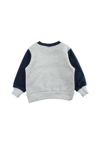 Sweat-shirt gris avec manches bleu marine, col rond côtelé et poignets. Tissu doux avec une texture mélangée, doté d'un design classique.