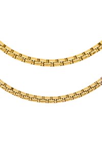 Collana in oro con catena caratterizzata da anelli intrecciati con una finitura liscia e lucida; due fili con larghezza e texture costanti.