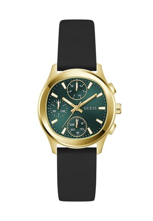 Montre-bracelet avec boîtier en or, cadran vert, bracelet noir, trois sous-cadrans pour le jour, 24 heures et les secondes, avec aiguilles et index dorés.