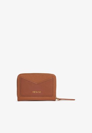 Brown leather wallet with a textured finish, featuring a front pocket with a chevron design and gold branding, plus a zip closure.