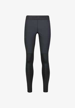 Leggings atletici aderenti neri e grigi scuri da uomo con design a blocchi di colore e logo Under Armour sulla coscia sinistra.