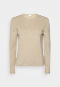 Beige Langarmpullover aus weichem Material mit rundem Halsausschnitt. Verfügt über einen gerippten Halsausschnitt und Ärmelbündchen, glatte Textur und minimale Nähdetails.
