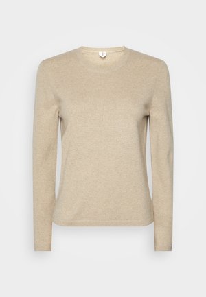 Beige long-sleeve sweater made of soft fabric with a round neck. Features a ribbed neckline and cuffs, smooth texture, and minimal stitching detail.