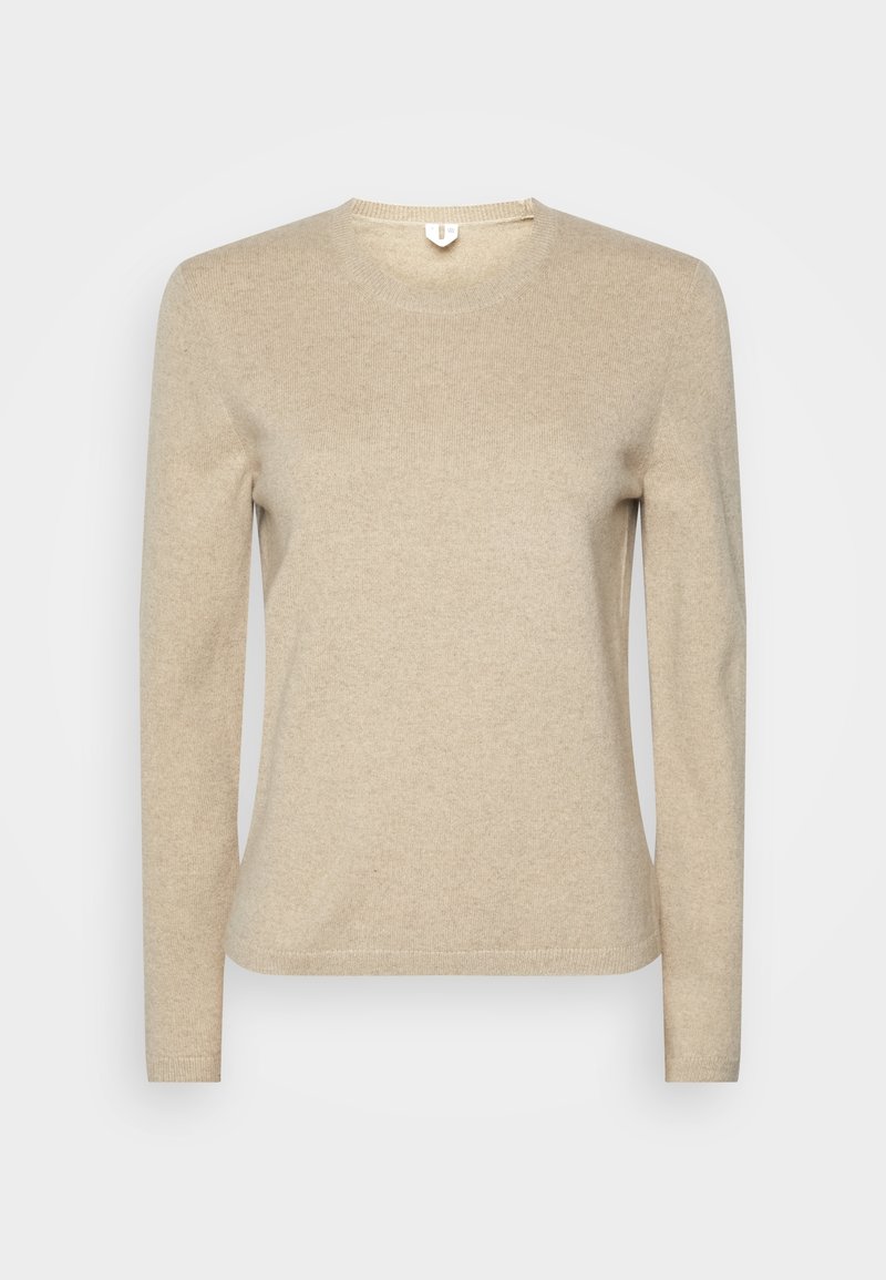 Beige Langarmpullover aus weichem Material mit rundem Halsausschnitt. Verfügt über einen gerippten Halsausschnitt und Ärmelbündchen, glatte Textur und minimale Nähdetails.