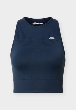 Tumesinine varrukateta spordisärk kõrge kaelusega, peene soonilise tševronmustri, soonilise äärega ja väikese valge Ellesse logoga rinnal.