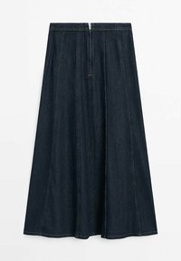 Mörk denim A-linjeformad kjol med lång längd, som har vertikala sömmar, en slät textur och en dragkedjestängning på baksidan.