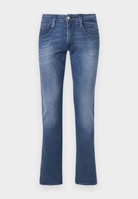Jean en denim bleu avec légère décoloration, design cinq poches, fermeture bouton et zip, coupe droite.