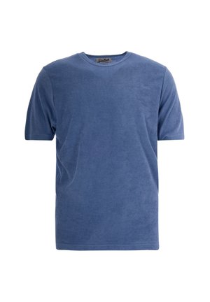 T-shirt da uomo a maniche corte con scollo rotondo in morbido tessuto spugna blu con logo ricamato sottile sul petto sinistro.